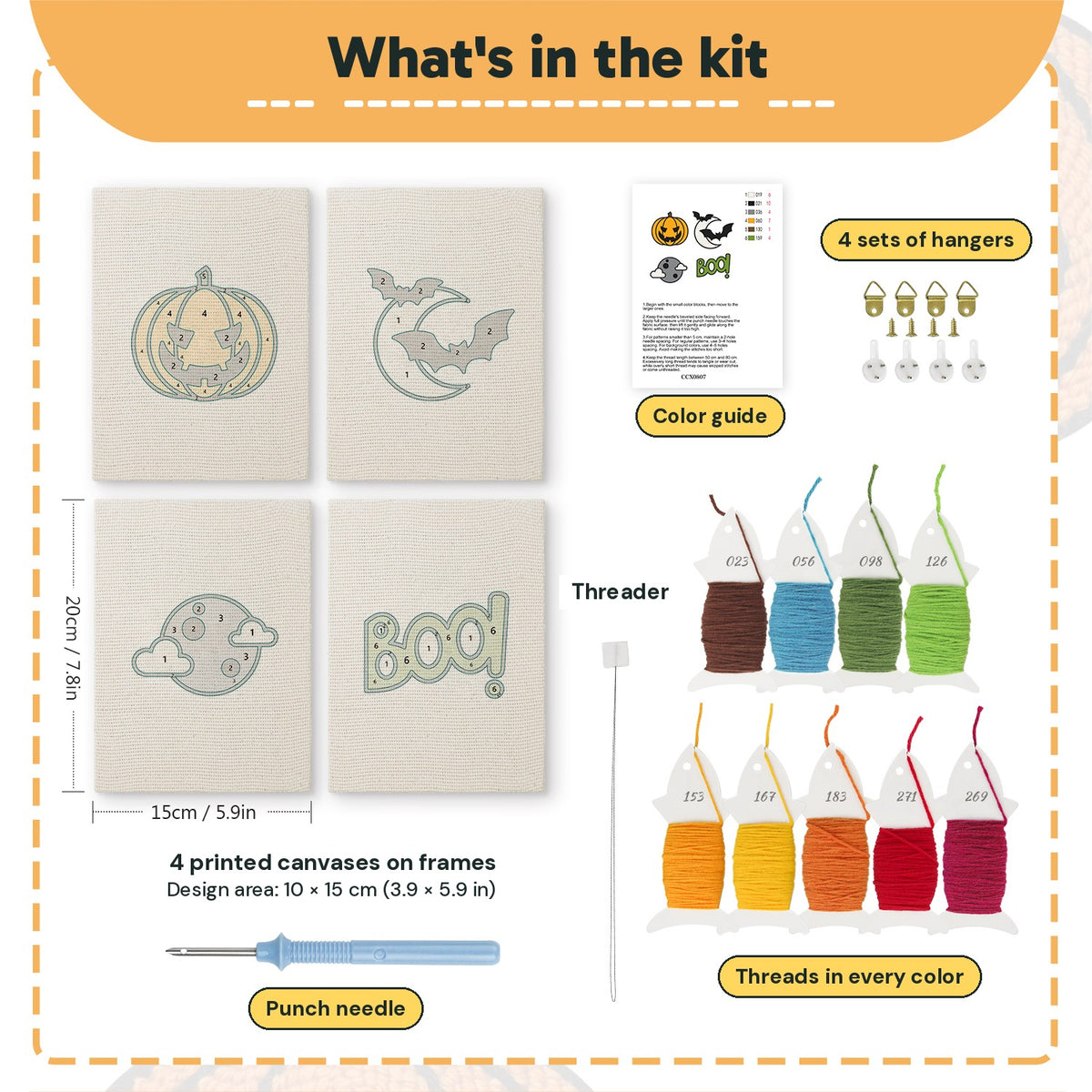 What is in the Moonlit Bats set: 4 printed canvases, punch needle, threader, threads, color guide and 4 sets of hangers (6 × 8 in (15 × 20 cm) each)