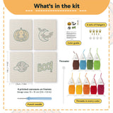What is in the Moonlit Bats set: 4 printed canvases, punch needle, threader, threads, color guide and 4 sets of hangers (6 × 8 in (15 × 20 cm) each)