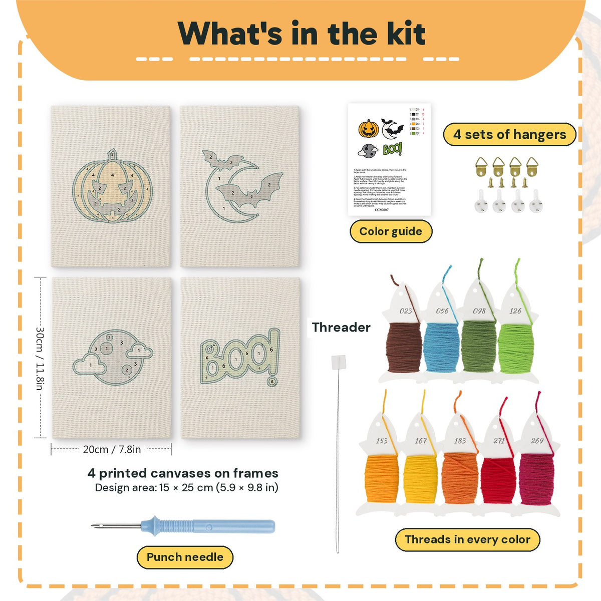 What is in the Moonlit Bats set, 8 × 12 in (20 × 30 cm) each: 4 printed canvases, punch needle, threader, threads, color guide and 4 sets of hangers