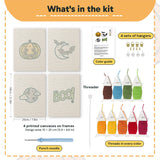 What is in the Moonlit Bats set, 8 × 12 in (20 × 30 cm) each: 4 printed canvases, punch needle, threader, threads, color guide and 4 sets of hangers