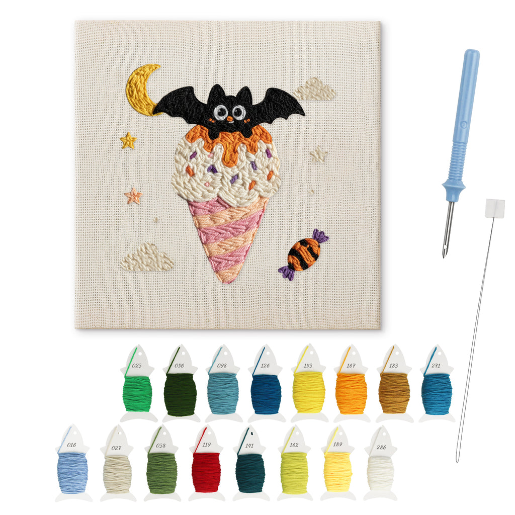 Moonlit Cone Bat punch needle kit: finished canvas with threads, punch needle and threader
