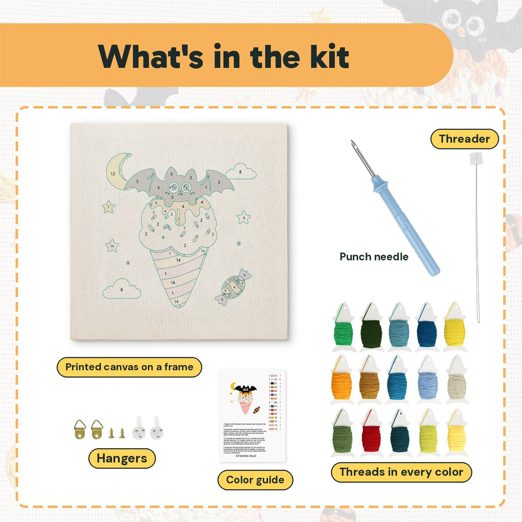 What is in the Moonlit Cone Bat kit: printed canvas, punch needle, threader, threads, color guide and hangers