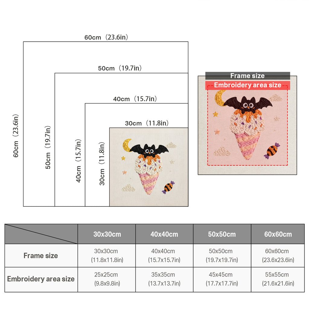 Size chart for square punch needle kits from 30 x 30 cm to 60 x 60 cm