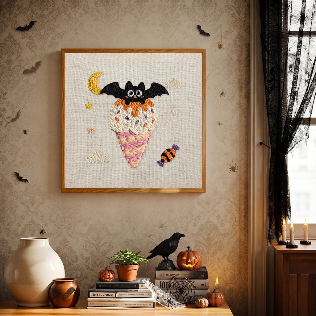 Finished Moonlit Cone Bat punch needle canvas on a wall