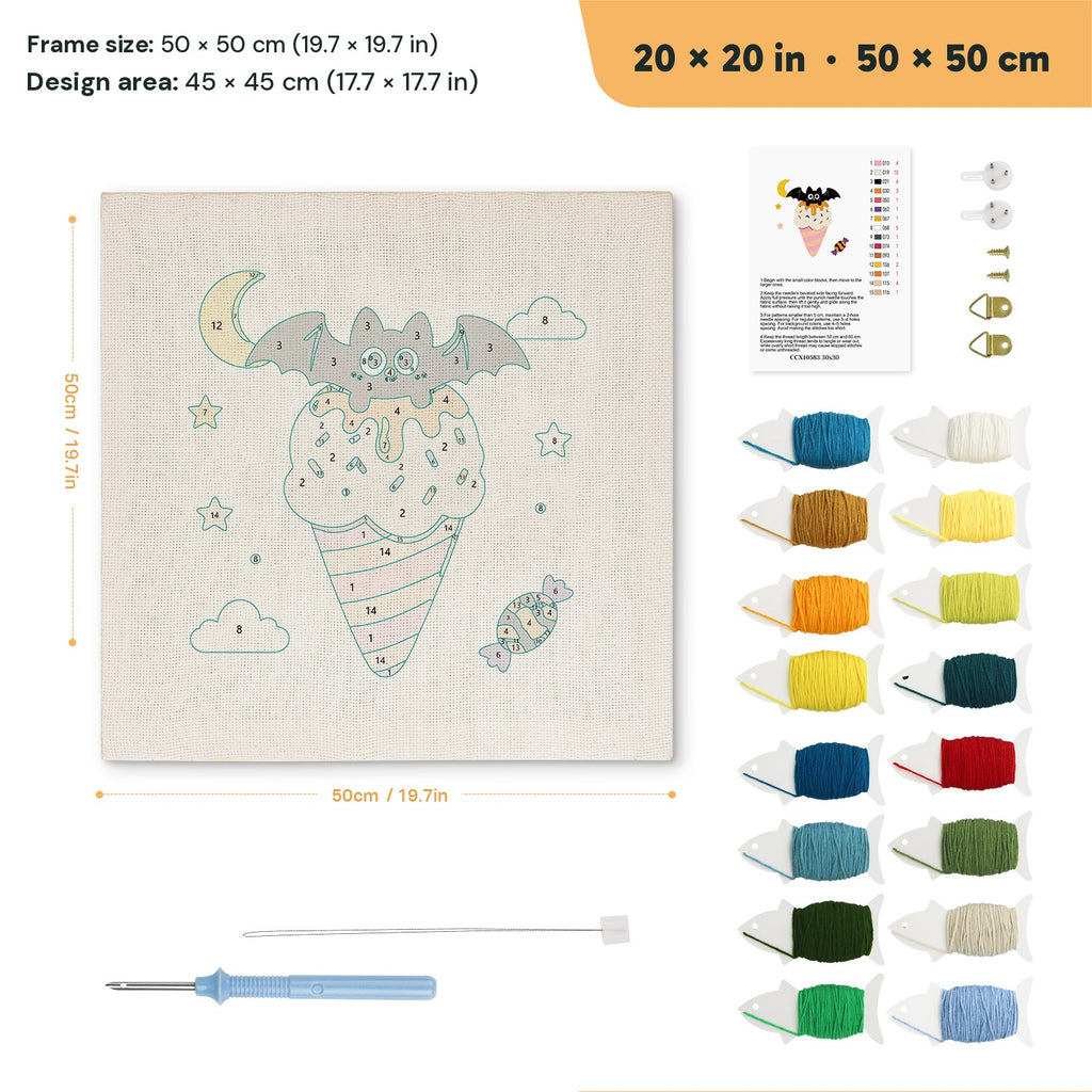 Moonlit Cone Bat punch needle kit, 20 × 20 in (50 × 50 cm): canvas size and kit contents
