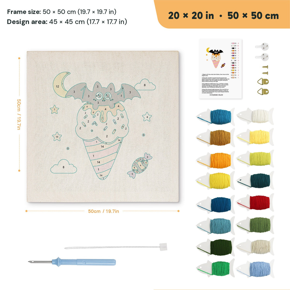 Moonlit Cone Bat punch needle kit, 20 × 20 in (50 × 50 cm): canvas size and kit contents