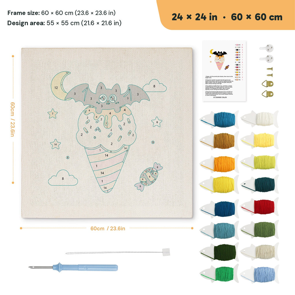 Moonlit Cone Bat punch needle kit, 24 × 24 in (60 × 60 cm): canvas size and kit contents