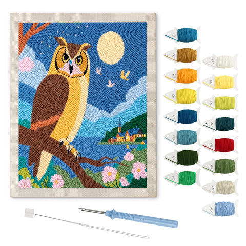 Moonlit Owl punch needle kit: finished canvas with threads, punch needle and threader