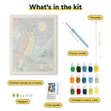 What is in the Moonlit Owl kit: printed canvas, punch needle, threader, threads, color guide and hangers