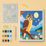 Moonlit Owl canvas before and after punching, with the threads and tools