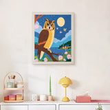 Finished Moonlit Owl punch needle canvas on a wall