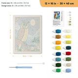 Moonlit Owl punch needle kit, 12 × 16 in (30 × 40 cm): canvas size and kit contents
