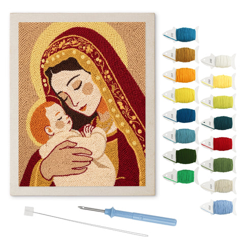 Mother and Child punch needle kit: finished canvas with threads, punch needle and threader