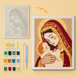 Mother and Child canvas before and after punching, with the threads and tools
