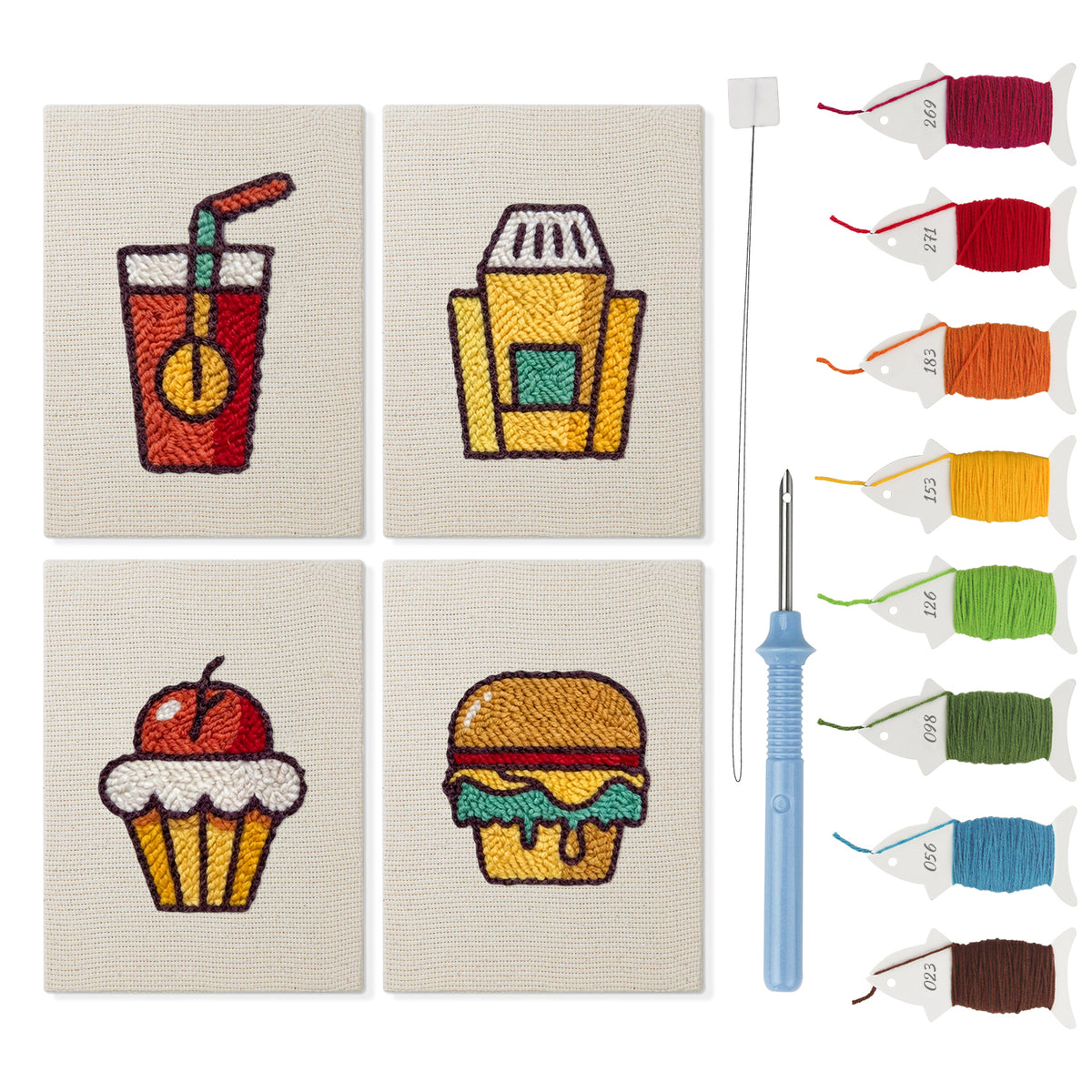 Movie Night Snacks mini punch needle kit set: four finished canvases with threads, punch needle and threader