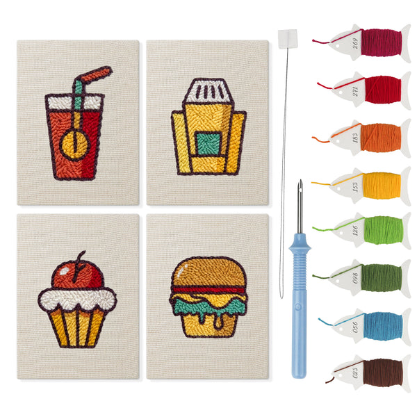 Movie Night Snacks mini punch needle kit set: four finished canvases with threads, punch needle and threader