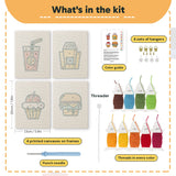 What is in the Movie Night Snacks set: 4 printed canvases, punch needle, threader, threads, color guide and 4 sets of hangers (6 × 8 in (15 × 20 cm) each)