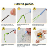 Six steps showing how to thread and use the punch needle