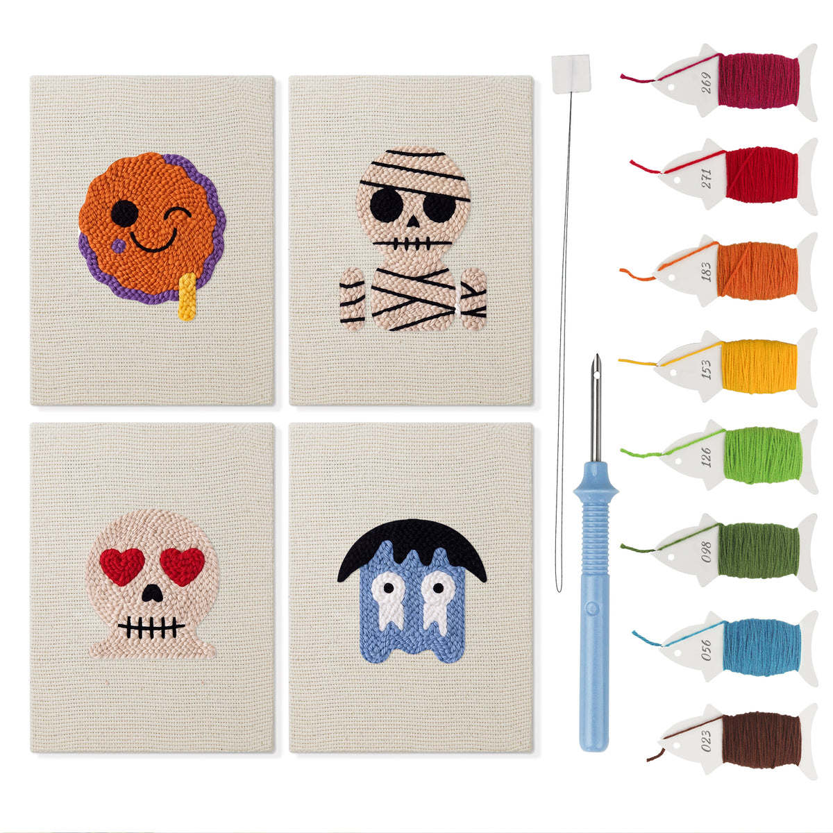 Mummy and Skull mini punch needle kit set: four finished canvases with threads, punch needle and threader