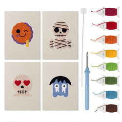 Mummy and Skull mini punch needle kit set: four finished canvases with threads, punch needle and threader