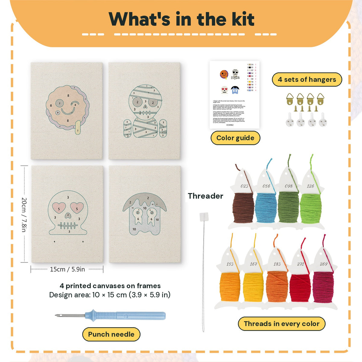 What is in the Mummy and Skull set: 4 printed canvases, punch needle, threader, threads, color guide and 4 sets of hangers (6 × 8 in (15 × 20 cm) each)