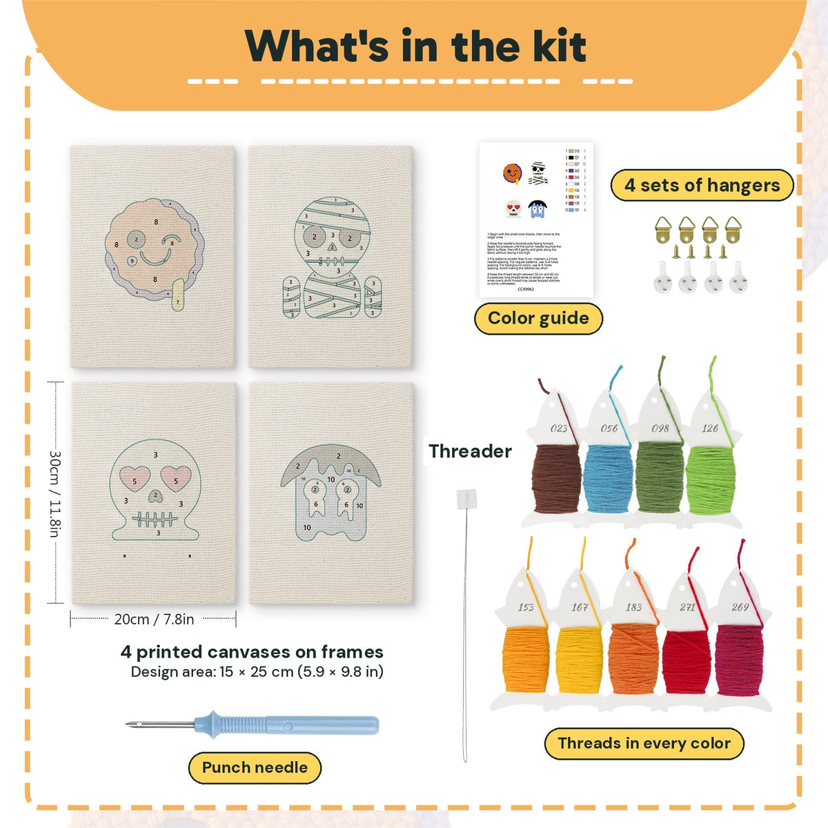 What is in the Mummy and Skull set, 8 × 12 in (20 × 30 cm) each: 4 printed canvases, punch needle, threader, threads, color guide and 4 sets of hangers