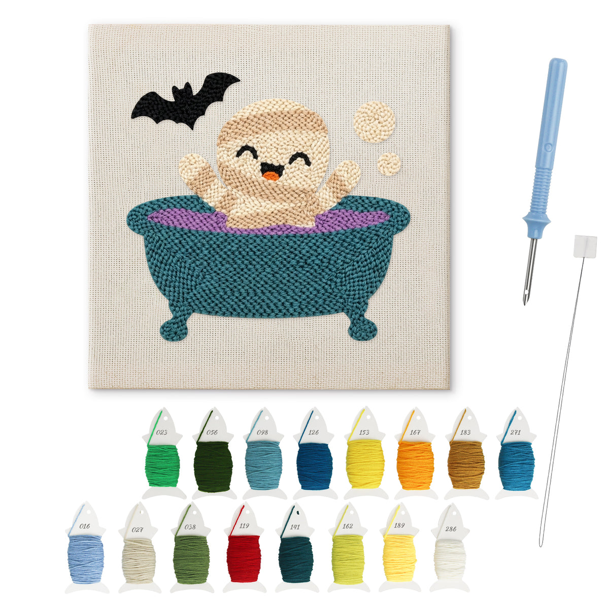 Mummy Bubble Bath punch needle kit: finished canvas with threads, punch needle and threader