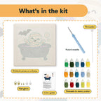 What is in the Mummy Bubble Bath kit: printed canvas, punch needle, threader, threads, color guide and hangers