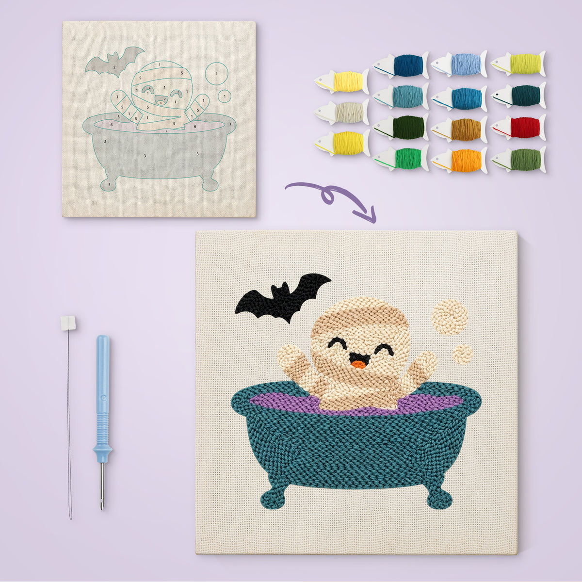 Mummy Bubble Bath canvas before and after punching, with the threads and tools