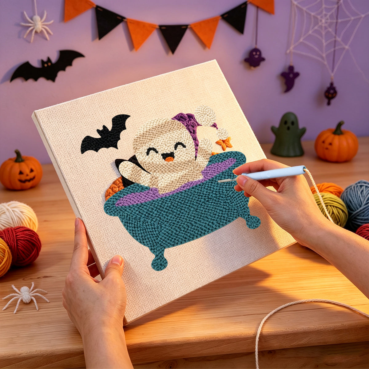 Punching the Mummy Bubble Bath design with the punch needle