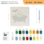 Mummy Bubble Bath punch needle kit, 12 × 12 in (30 × 30 cm): canvas size and kit contents
