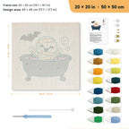 Mummy Bubble Bath punch needle kit, 20 × 20 in (50 × 50 cm): canvas size and kit contents