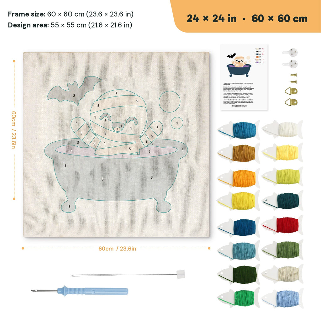 Mummy Bubble Bath punch needle kit, 24 × 24 in (60 × 60 cm): canvas size and kit contents