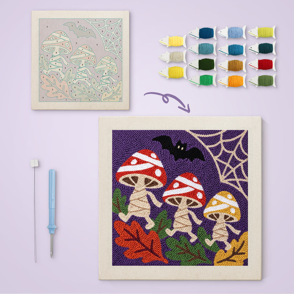 Mummy Mushrooms canvas before and after punching, with the threads and tools