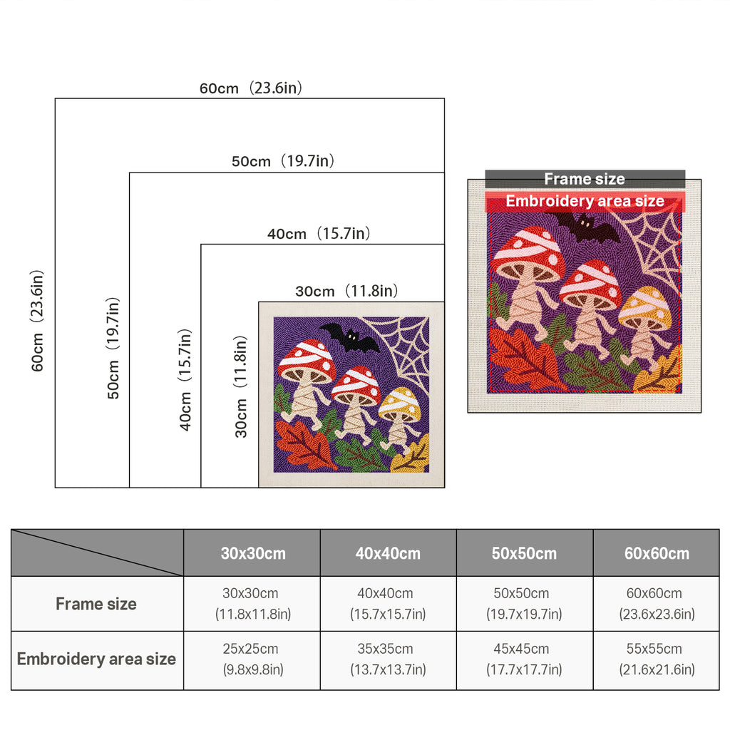 Size chart for square punch needle kits from 30 x 30 cm to 60 x 60 cm