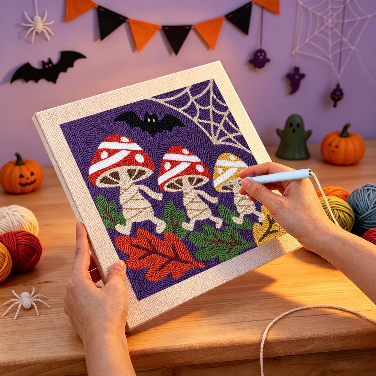 Punching the Mummy Mushrooms design with the punch needle