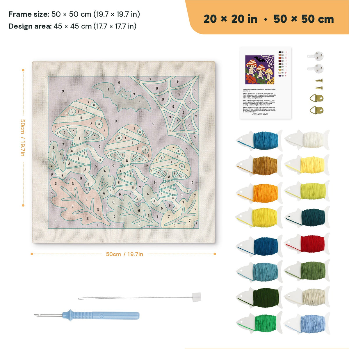 Mummy Mushrooms punch needle kit, 20 × 20 in (50 × 50 cm): canvas size and kit contents