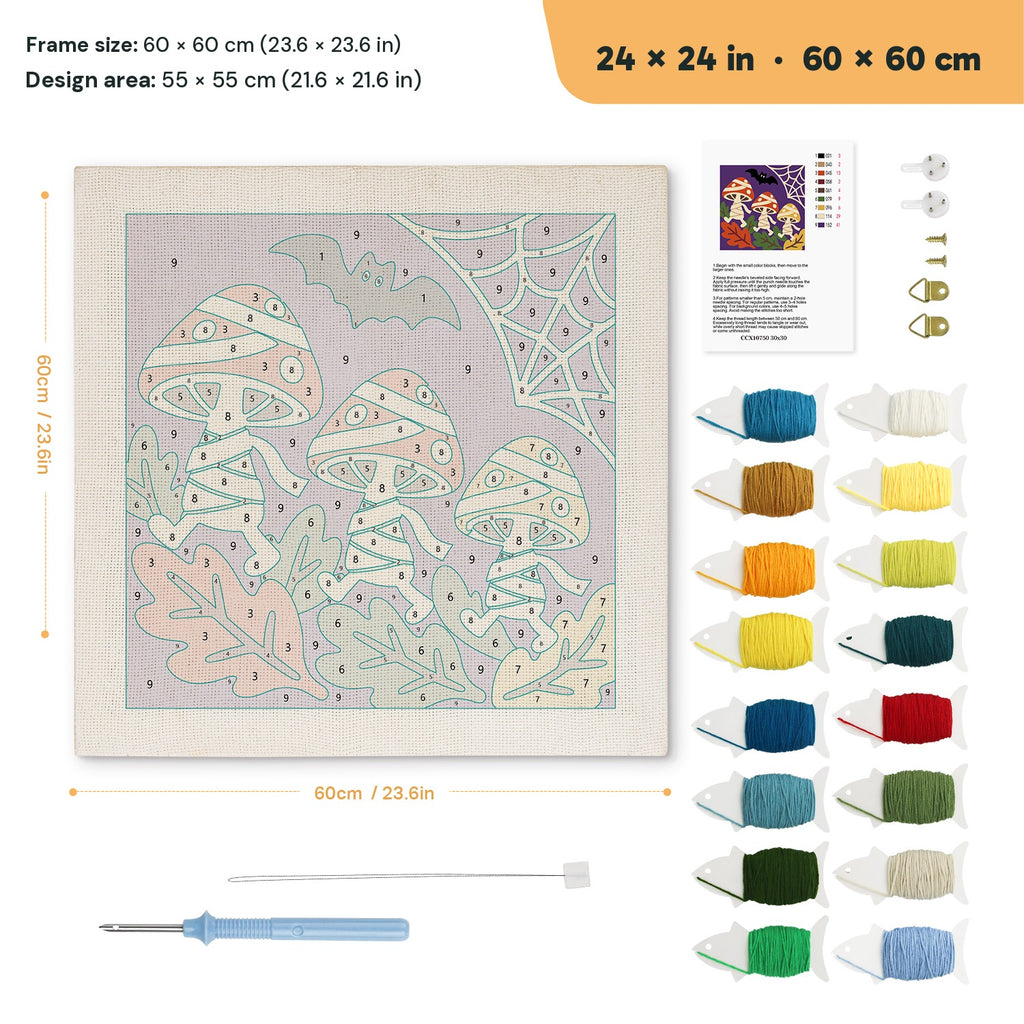 Mummy Mushrooms punch needle kit, 24 × 24 in (60 × 60 cm): canvas size and kit contents