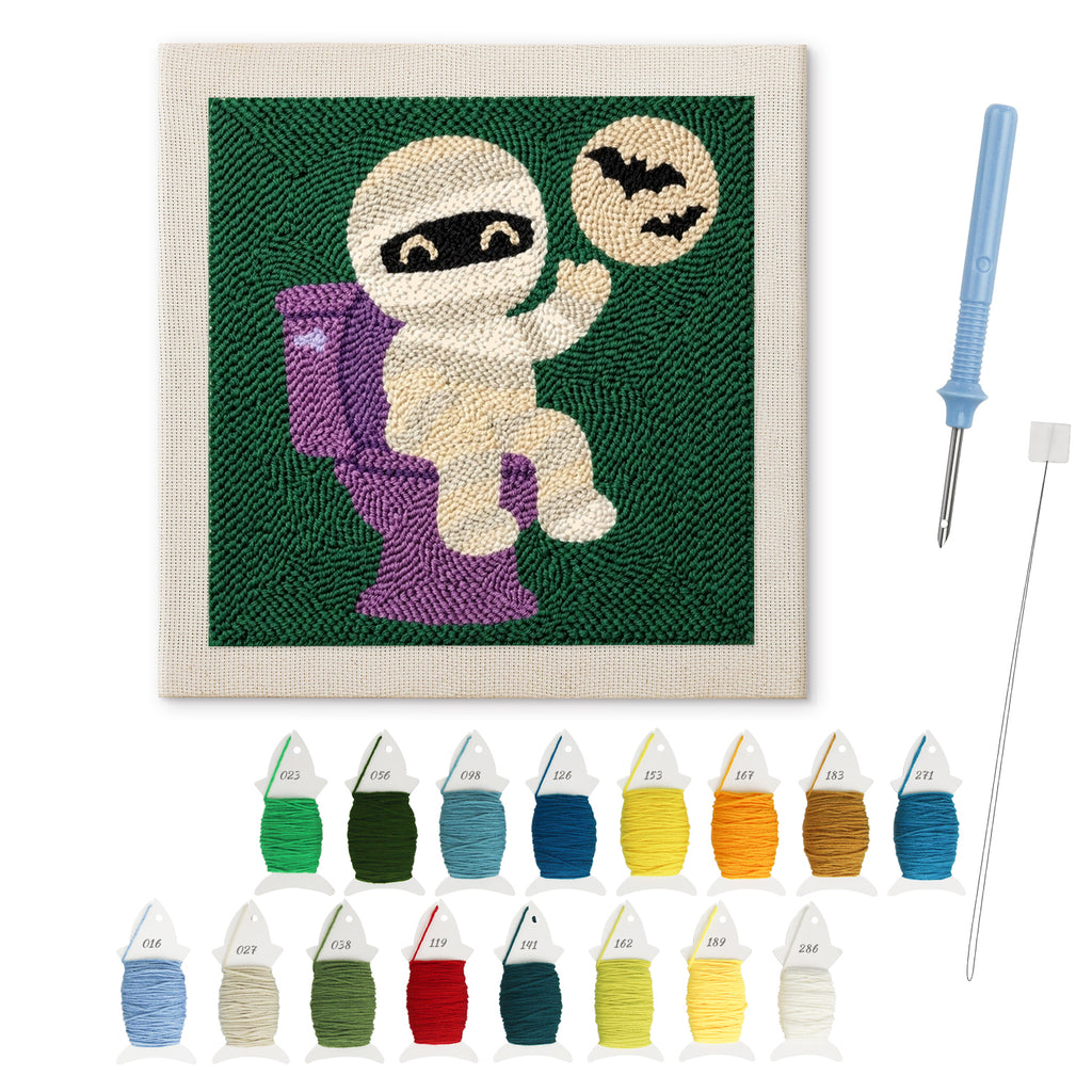 Mummy on the Loo punch needle kit: finished canvas with threads, punch needle and threader