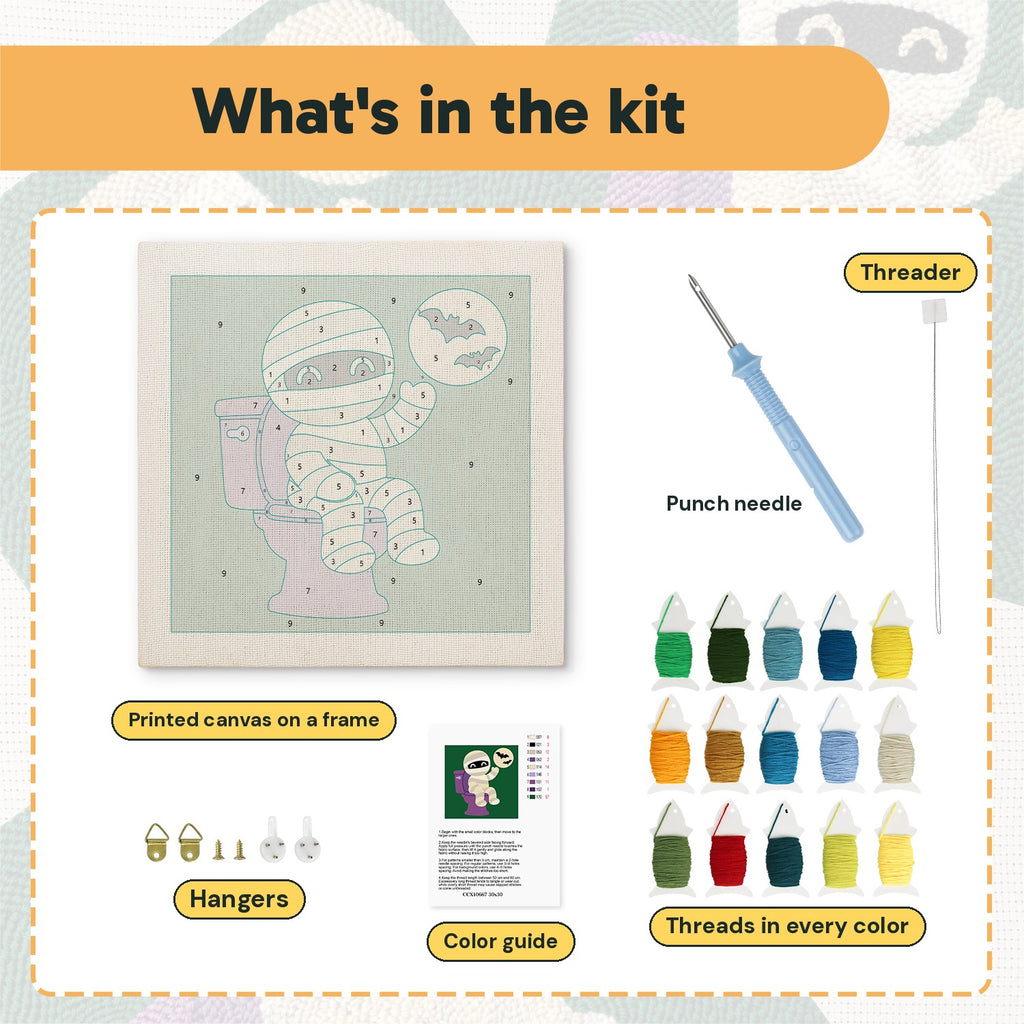 What is in the Mummy on the Loo kit: printed canvas, punch needle, threader, threads, color guide and hangers