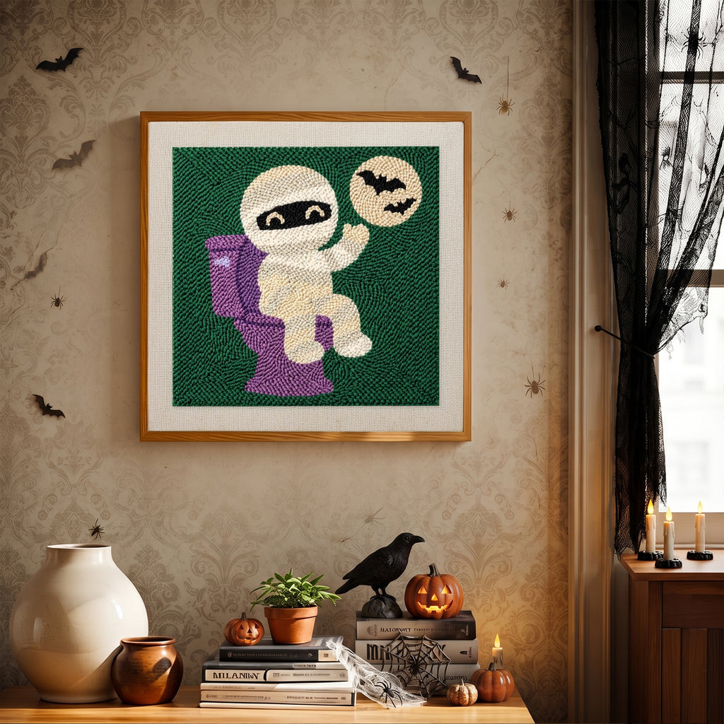 Finished Mummy on the Loo punch needle canvas on a wall