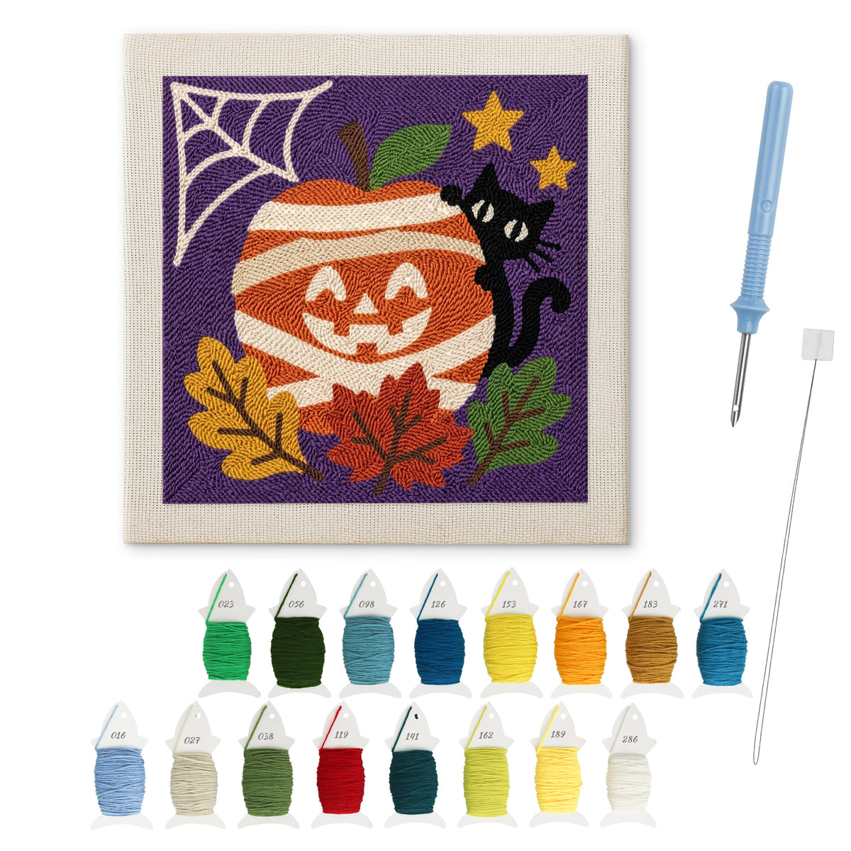 Mummy Pumpkin Cat punch needle kit: finished canvas with threads, punch needle and threader