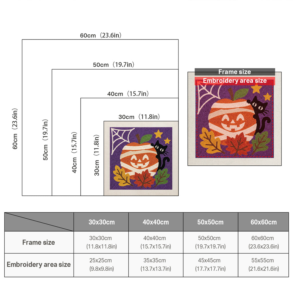 Size chart for square punch needle kits from 30 x 30 cm to 60 x 60 cm