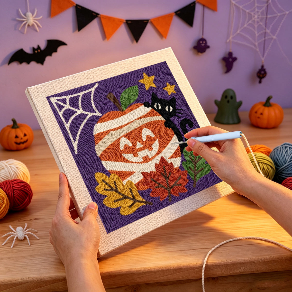 Punching the Mummy Pumpkin Cat design with the punch needle