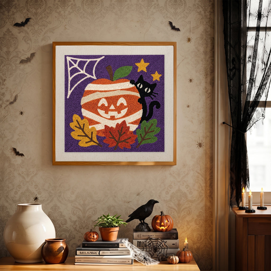 Finished Mummy Pumpkin Cat punch needle canvas on a wall
