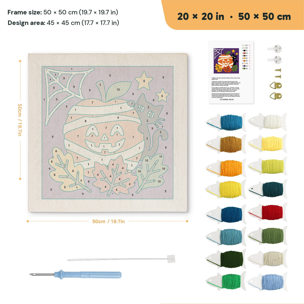 Mummy Pumpkin Cat punch needle kit, 20 × 20 in (50 × 50 cm): canvas size and kit contents