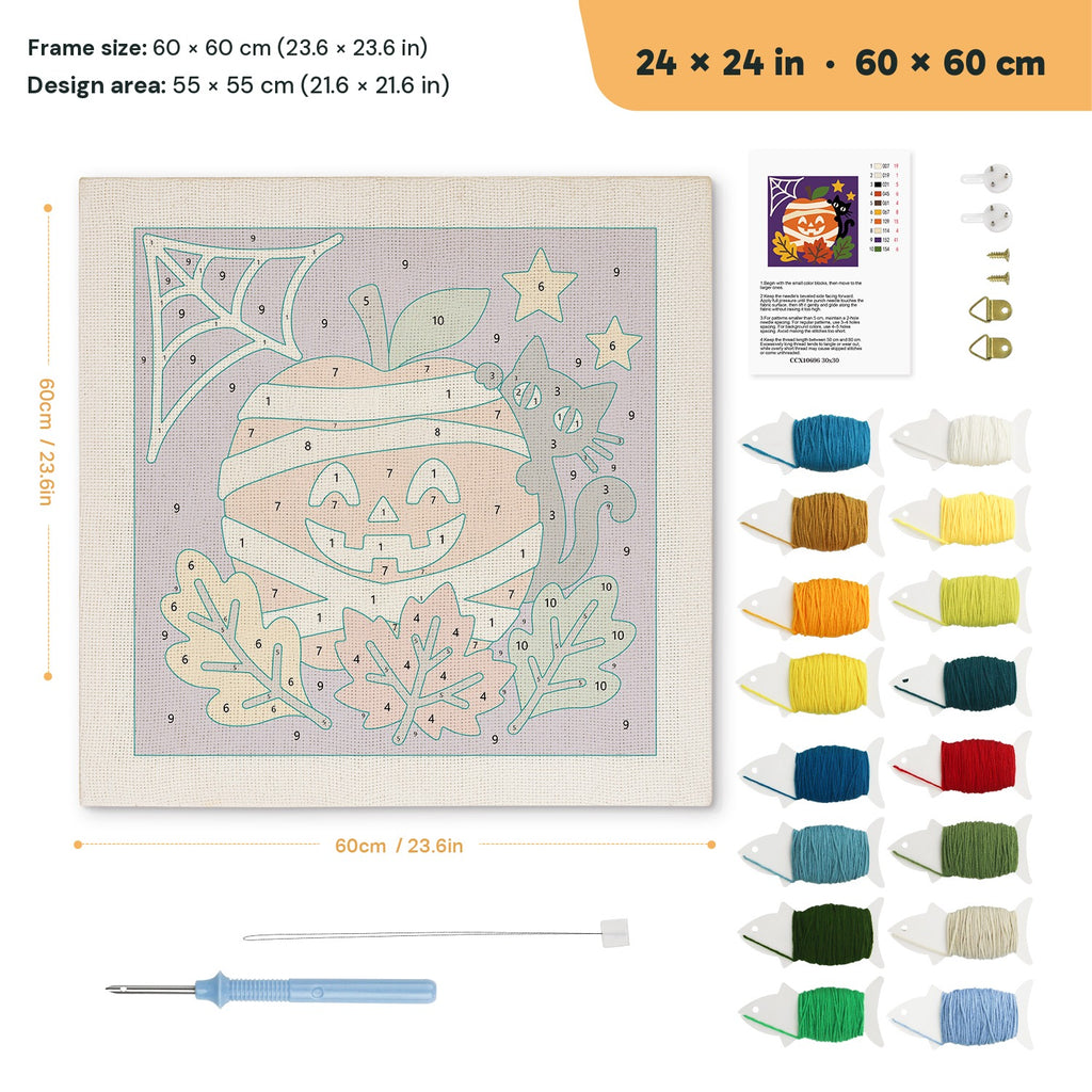Mummy Pumpkin Cat punch needle kit, 24 × 24 in (60 × 60 cm): canvas size and kit contents
