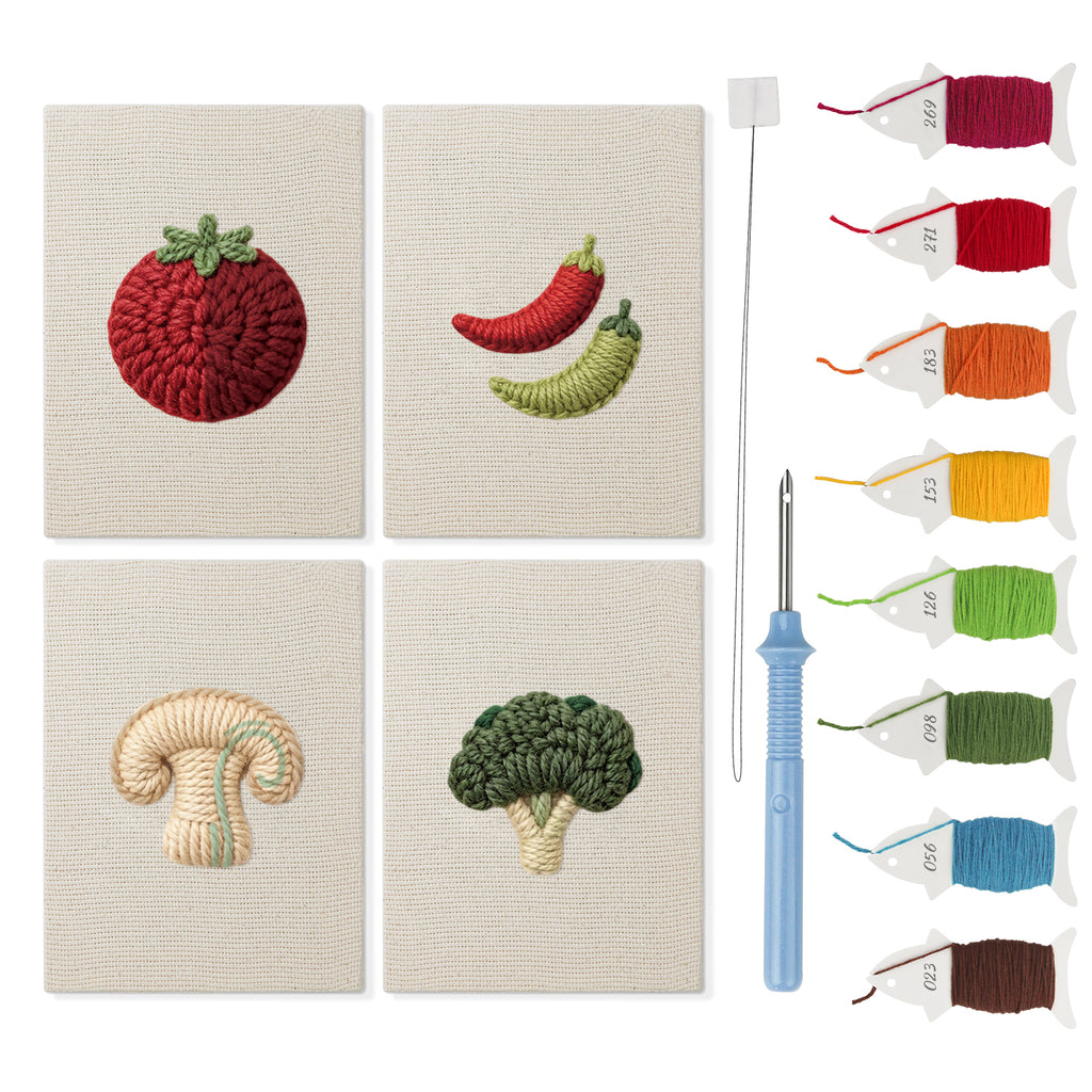 Mushroom and Chilies mini punch needle kit set: four finished canvases with threads, punch needle and threader
