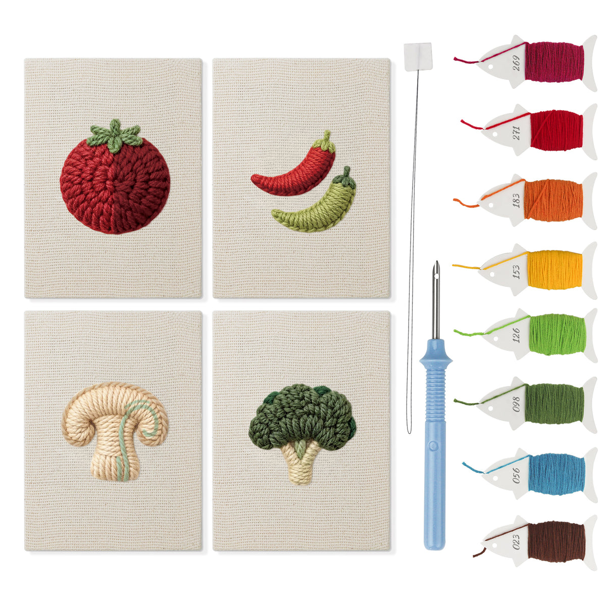 Mushroom and Chilies mini punch needle kit set: four finished canvases with threads, punch needle and threader