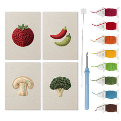 Mushroom and Chilies mini punch needle kit set: four finished canvases with threads, punch needle and threader